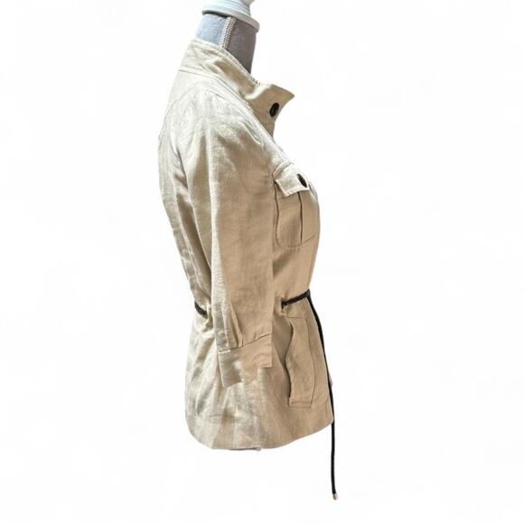 ZARA WOMAN Beige Linen Utility Jacket Safari Style Leather Belted Office Medium - Picture 2 of 7